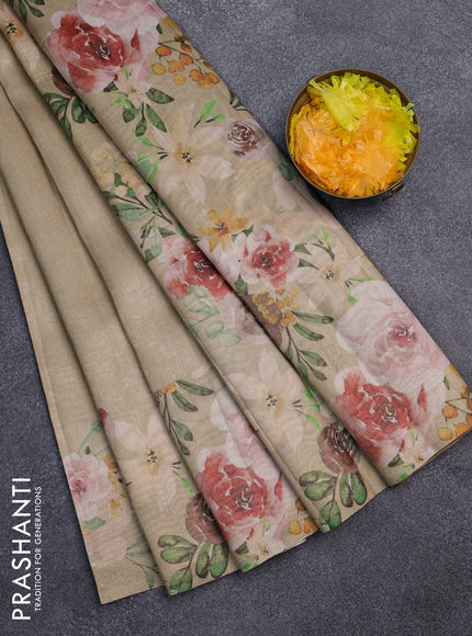 Tissue saree sandal with allover zari weaves and floral digital printed border