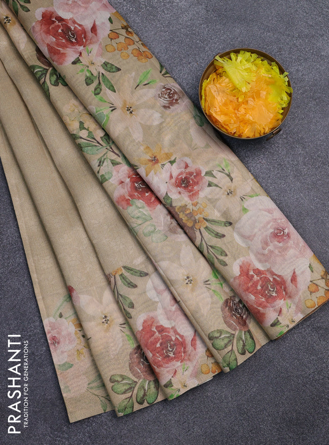 Tissue saree sandal with allover zari weaves and floral digital printed border