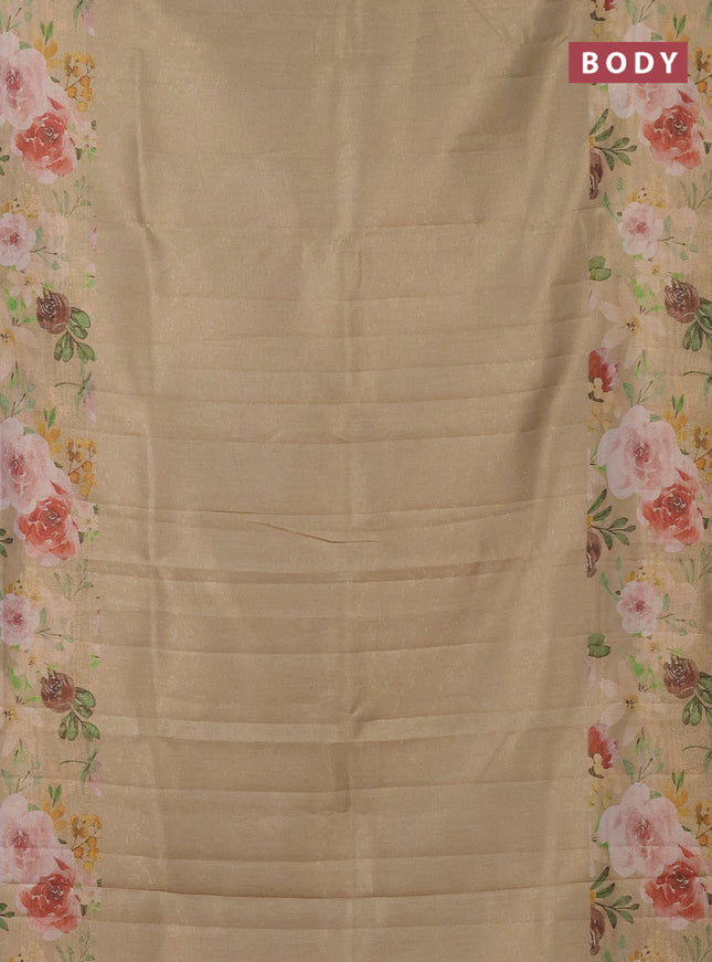 Tissue saree sandal with allover zari weaves and floral digital printed border