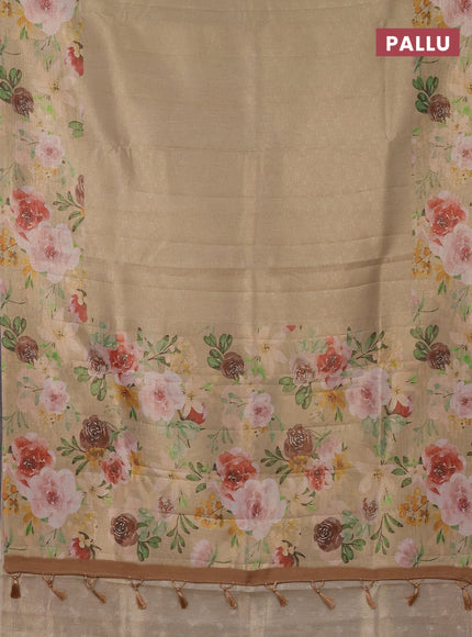 Tissue saree sandal with allover zari weaves and floral digital printed border