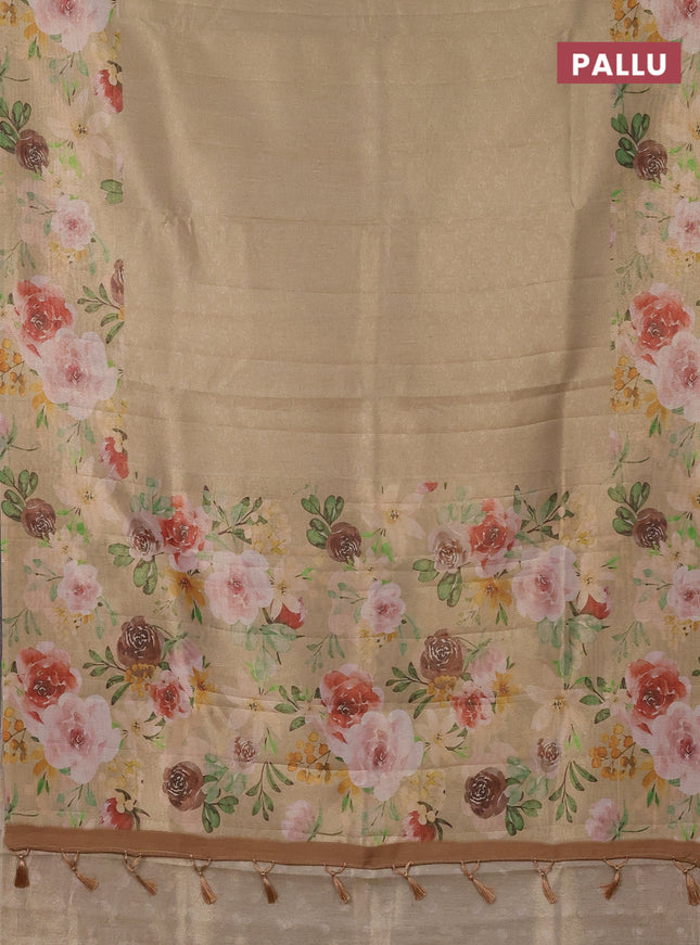 Tissue saree sandal with allover zari weaves and floral digital printed border