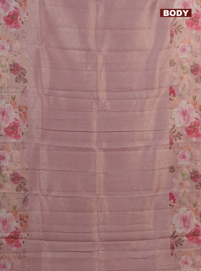 Tissue saree light pink with allover zari weaves and floral digital printed border