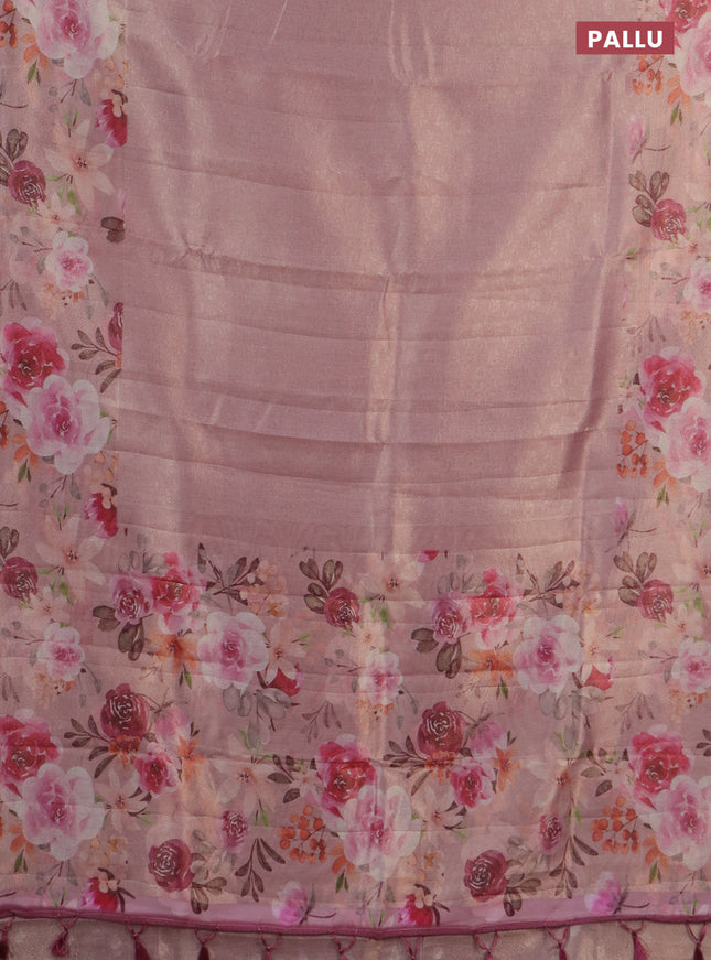 Tissue saree light pink with allover zari weaves and floral digital printed border