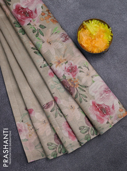 Tissue saree beige with allover zari weaves and floral digital printed border