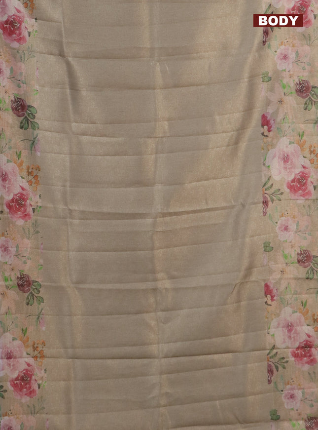 Tissue saree beige with allover zari weaves and floral digital printed border