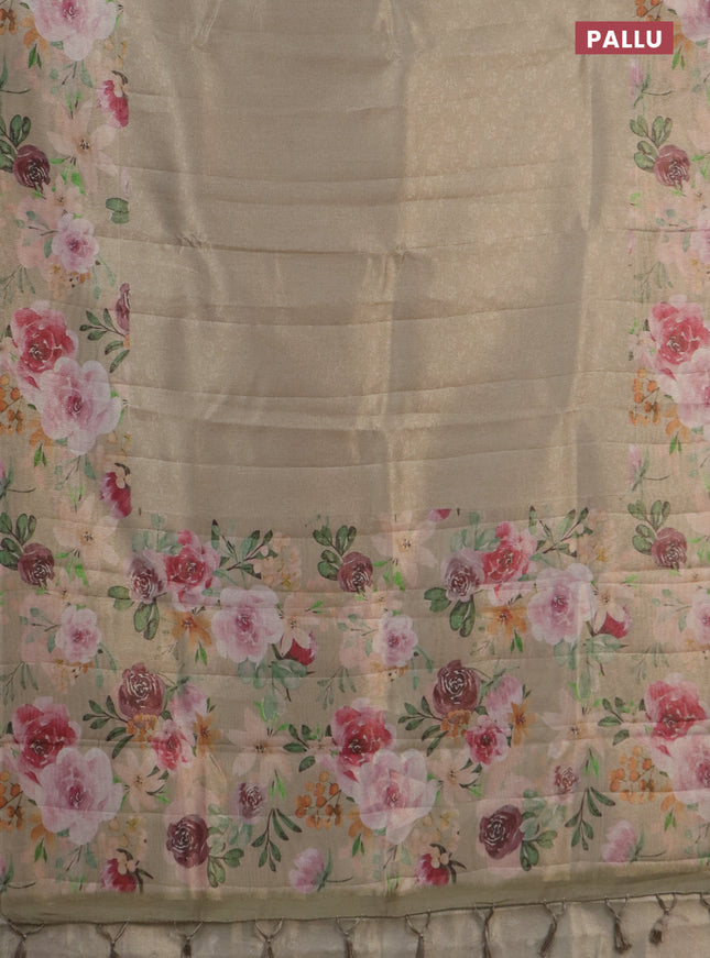 Tissue saree beige with allover zari weaves and floral digital printed border