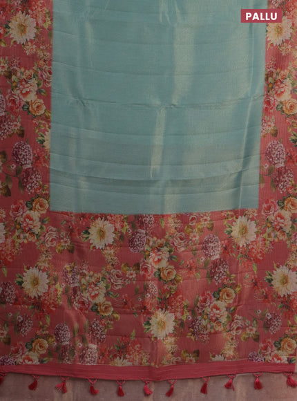 Tissue saree pastel blue and peach pink with allover zari weaves and floral digital printed border