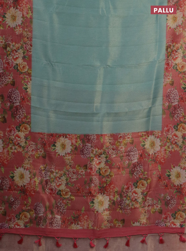 Tissue saree pastel blue and peach pink with allover zari weaves and floral digital printed border