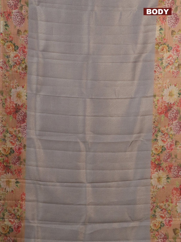 Tissue saree pastel grey and peach shade with allover zari weaves and floral digital printed border