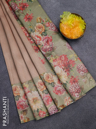 Tissue saree sandal and pastel green with allover zari weaves and floral digital printed border