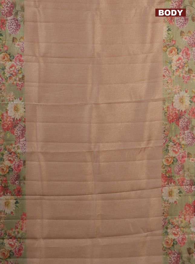 Tissue saree sandal and pastel green with allover zari weaves and floral digital printed border