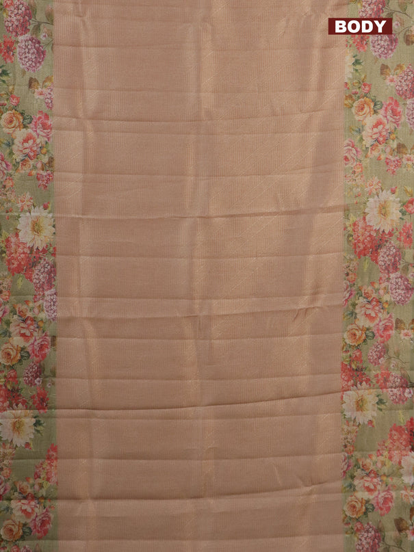 Tissue saree sandal and pastel green with allover zari weaves and floral digital printed border