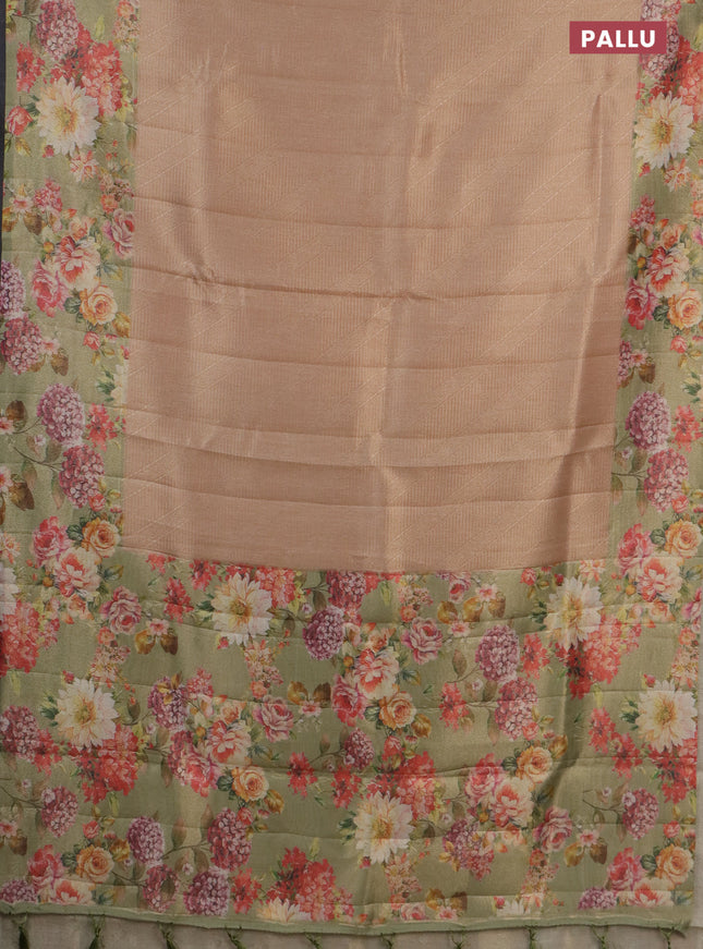 Tissue saree sandal and pastel green with allover zari weaves and floral digital printed border