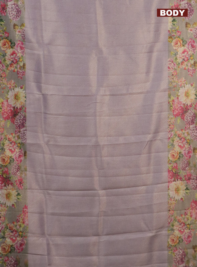 Tissue saree pastel lavender and grey shade with allover zari weaves and floral digital printed border
