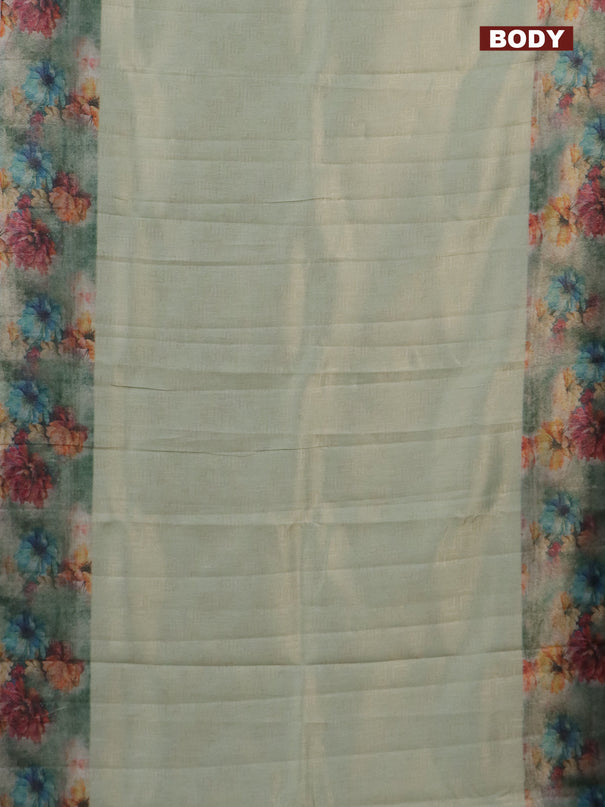 Tissue saree pastel green and grey with allover zari weaves and floral digital printed border