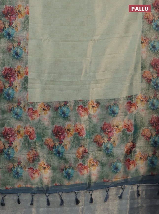 Tissue saree pastel green and grey with allover zari weaves and floral digital printed border