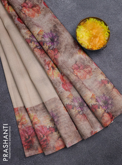 Tissue saree sandal and pastel brown with allover zari weaves and floral digital printed border