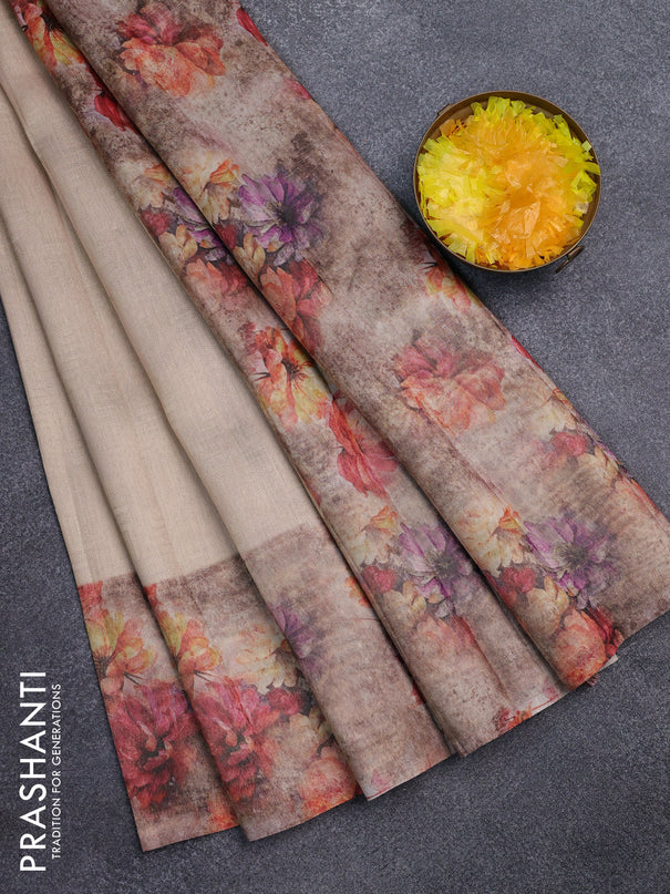 Tissue saree sandal and pastel brown with allover zari weaves and floral digital printed border