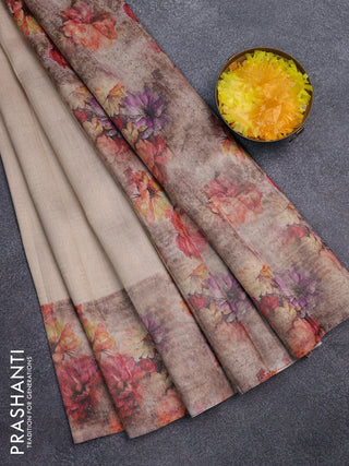 Tissue saree sandal and pastel brown with allover zari weaves and floral digital printed border
