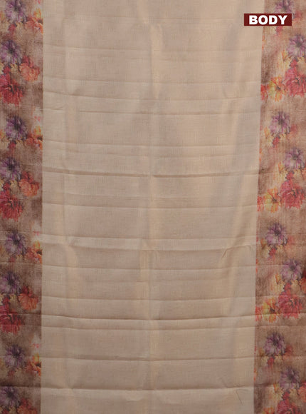 Tissue saree sandal and pastel brown with allover zari weaves and floral digital printed border