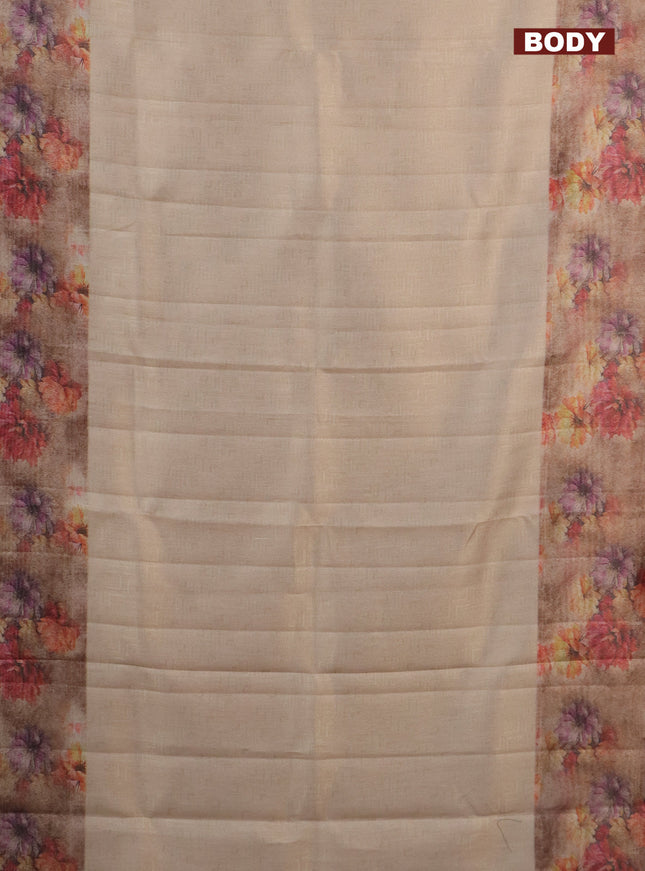 Tissue saree sandal and pastel brown with allover zari weaves and floral digital printed border