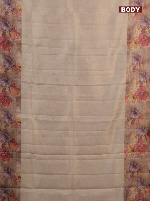 Tissue saree sandal and pastel brown with allover zari weaves and floral digital printed border