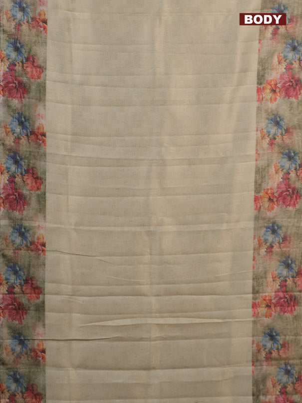 Tissue saree cream and pastel green with allover zari weaves and floral digital printed border
