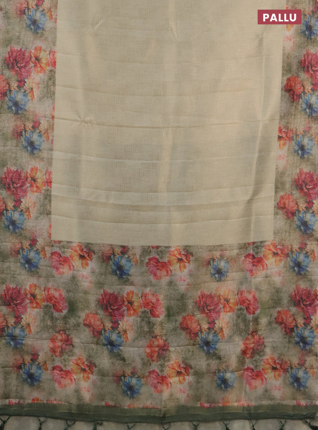 Tissue saree cream and pastel green with allover zari weaves and floral digital printed border