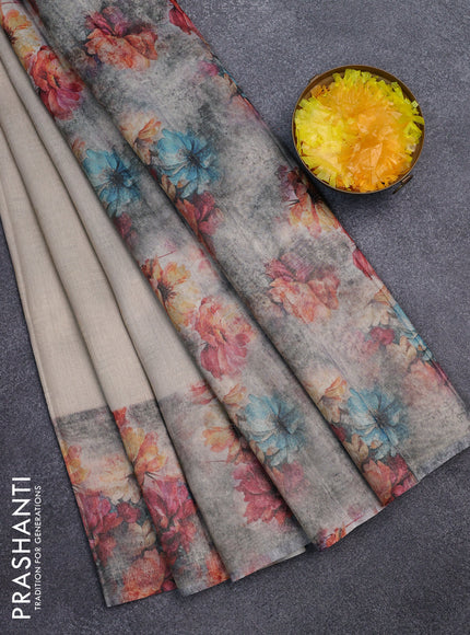 Tissue saree beige and violet with allover zari weaves and floral digital printed border