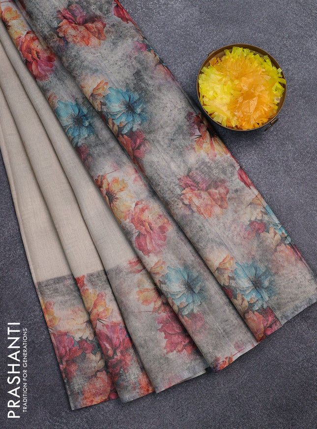 Tissue saree beige and violet with allover zari weaves and floral digital printed border