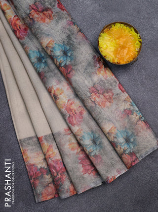 Tissue saree beige and violet with allover zari weaves and floral digital printed border