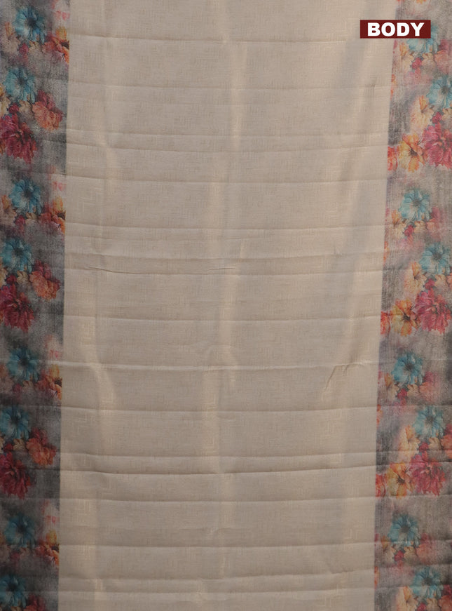 Tissue saree beige and violet with allover zari weaves and floral digital printed border