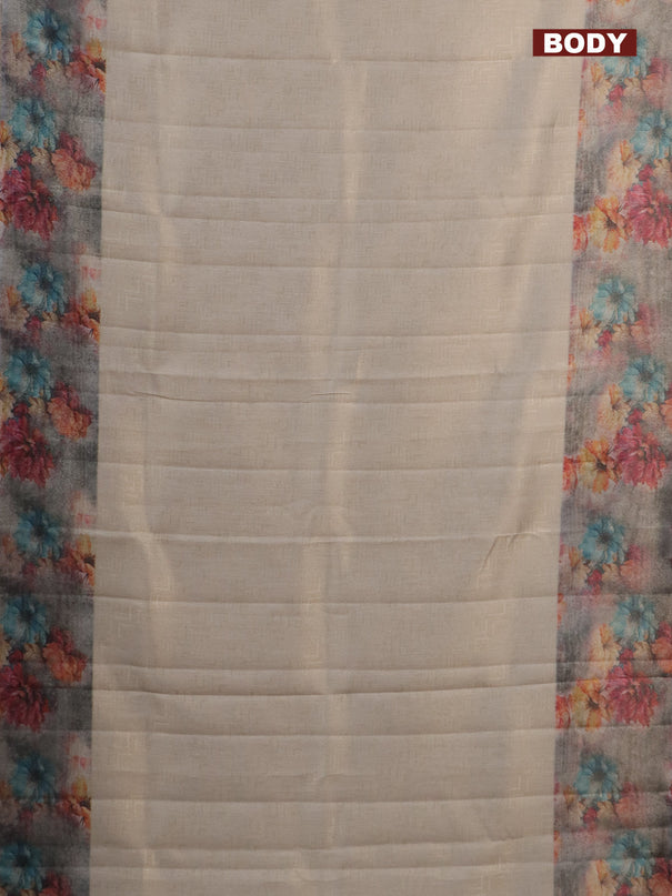 Tissue saree beige and violet with allover zari weaves and floral digital printed border