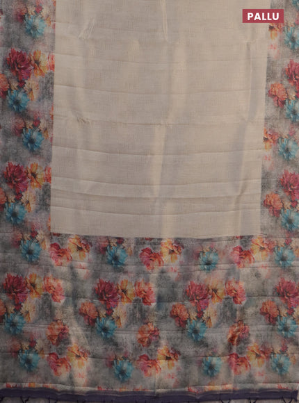 Tissue saree beige and violet with allover zari weaves and floral digital printed border