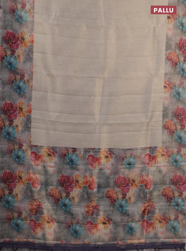 Tissue saree beige and violet with allover zari weaves and floral digital printed border