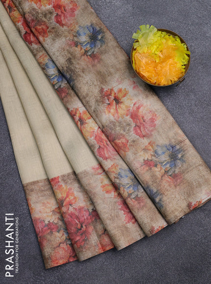 Tissue saree cream and sandal with allover zari weaves and floral digital printed border