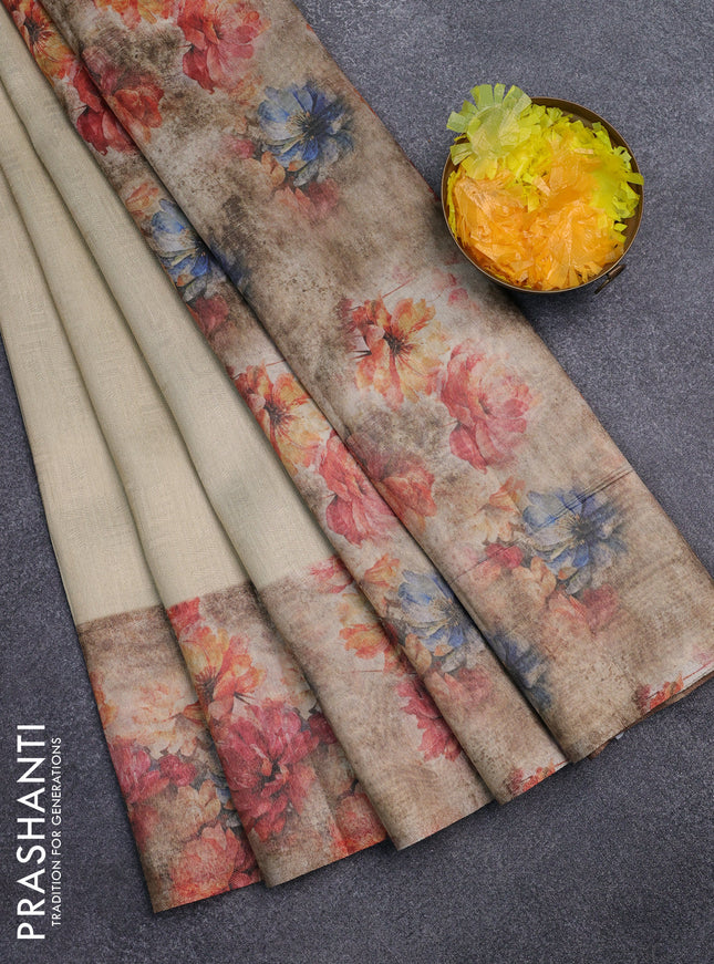 Tissue saree cream and sandal with allover zari weaves and floral digital printed border