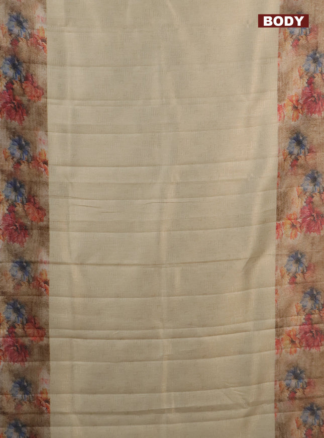 Tissue saree cream and sandal with allover zari weaves and floral digital printed border