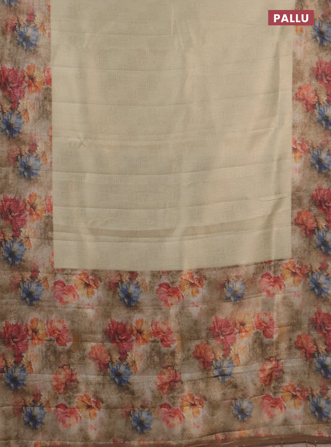 Tissue saree cream and sandal with allover zari weaves and floral digital printed border