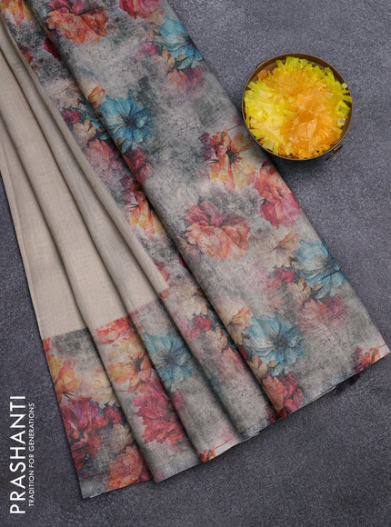 Tissue saree beige and grey shade with allover zari weaves and floral digital printed border