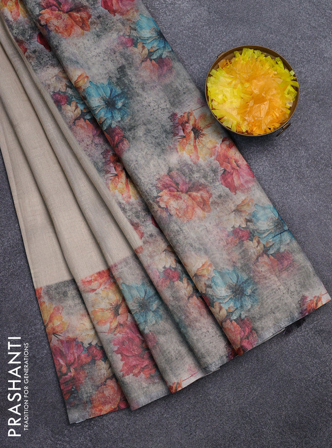 Tissue saree beige and grey shade with allover zari weaves and floral digital printed border