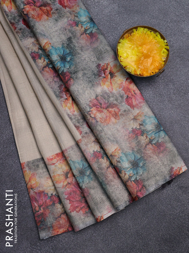 Tissue saree beige and grey shade with allover zari weaves and floral digital printed border