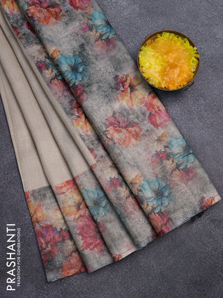 Tissue saree beige and grey shade with allover zari weaves and floral digital printed border