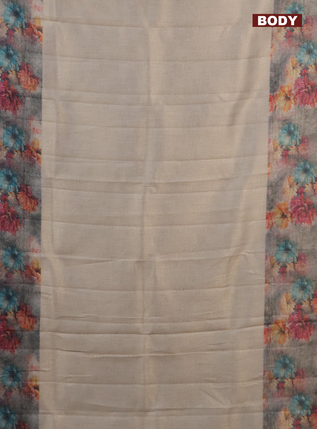 Tissue saree beige and grey shade with allover zari weaves and floral digital printed border
