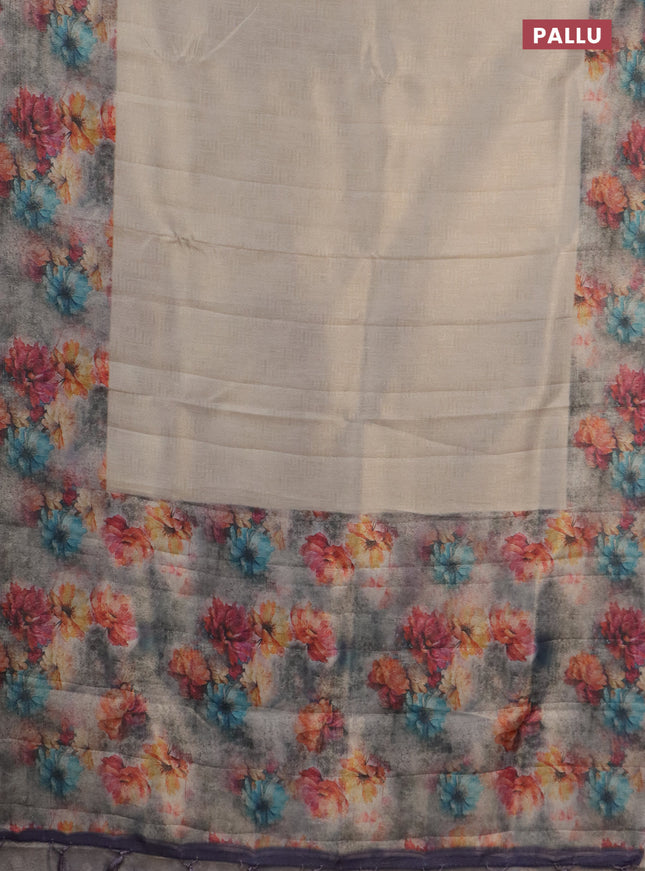 Tissue saree beige and grey shade with allover zari weaves and floral digital printed border