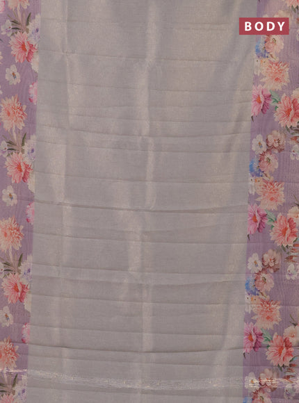 Tissue saree grey shade and lavender with allover zari weaves and floral digital printed border