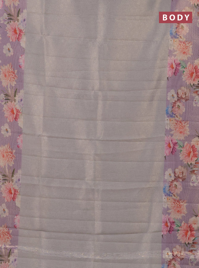 Tissue saree grey shade and lavender with allover zari weaves and floral digital printed border
