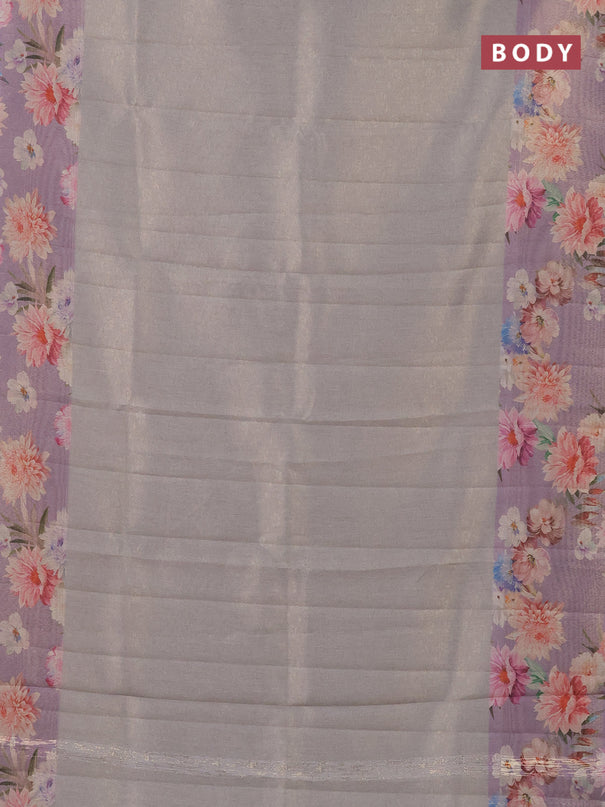 Tissue saree grey shade and lavender with allover zari weaves and floral digital printed border