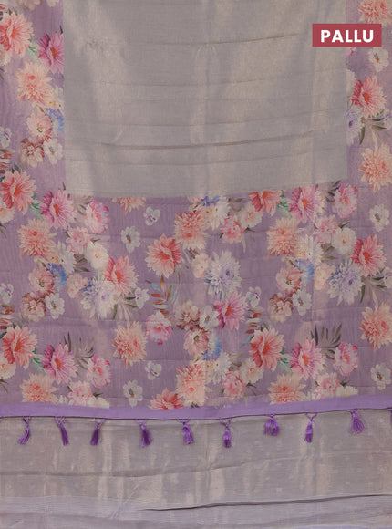 Tissue saree grey shade and lavender with allover zari weaves and floral digital printed border