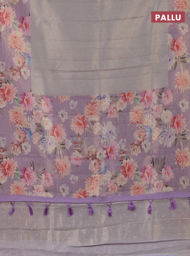 Tissue saree grey shade and lavender with allover zari weaves and floral digital printed border
